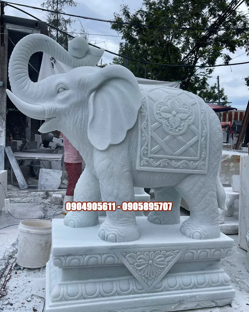 Tượng Voi Đá Trắng Chạm Khắc Thủ Công Cao 1m5